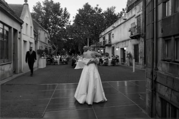 First dance in a courtyard, black and white