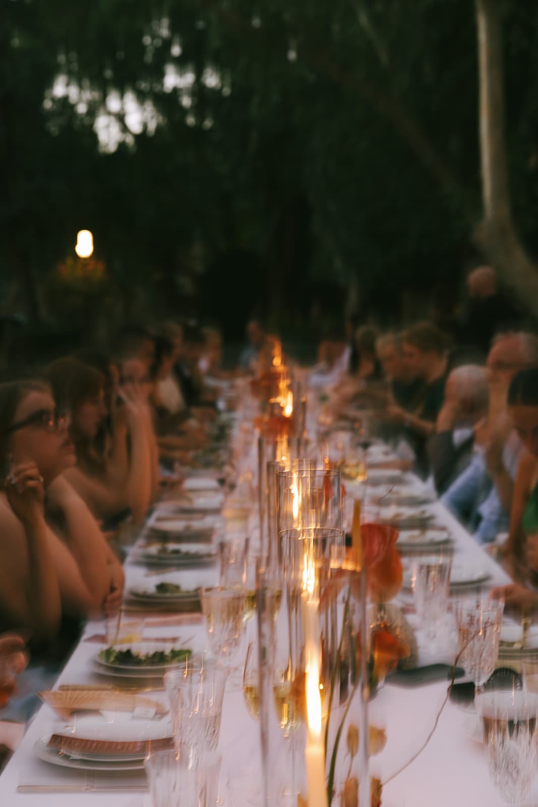 Guests gathered along the candlelit banquet table at dusk