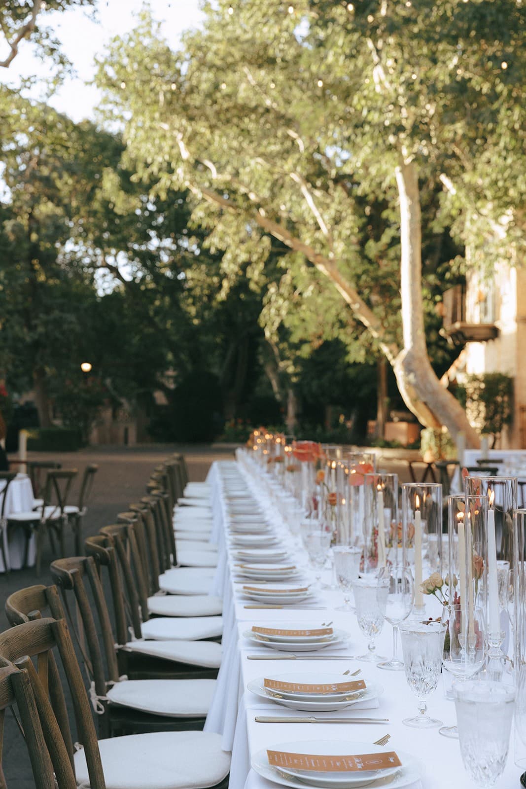 Long white table with taper candles in tall glass hurricanes and gradient menus