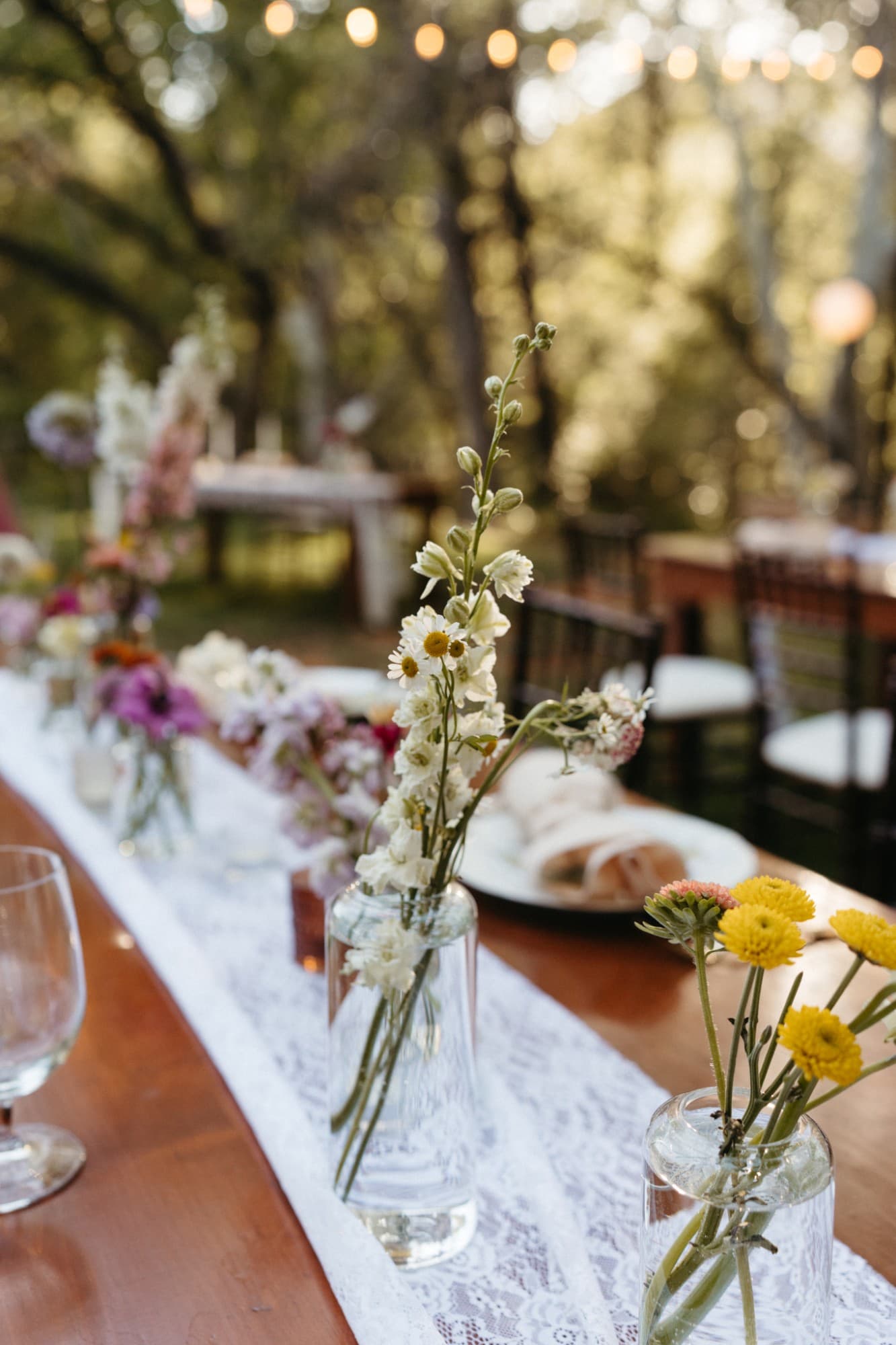 A single stem of white blooms and chamomile in a glass bud vase on lace